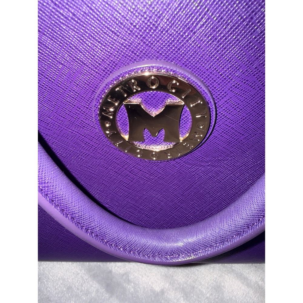 Metrocity Purple Saffiano Leather Satchel Handbag Gold Hardware Crossbody Bag - Picture 5 of 10